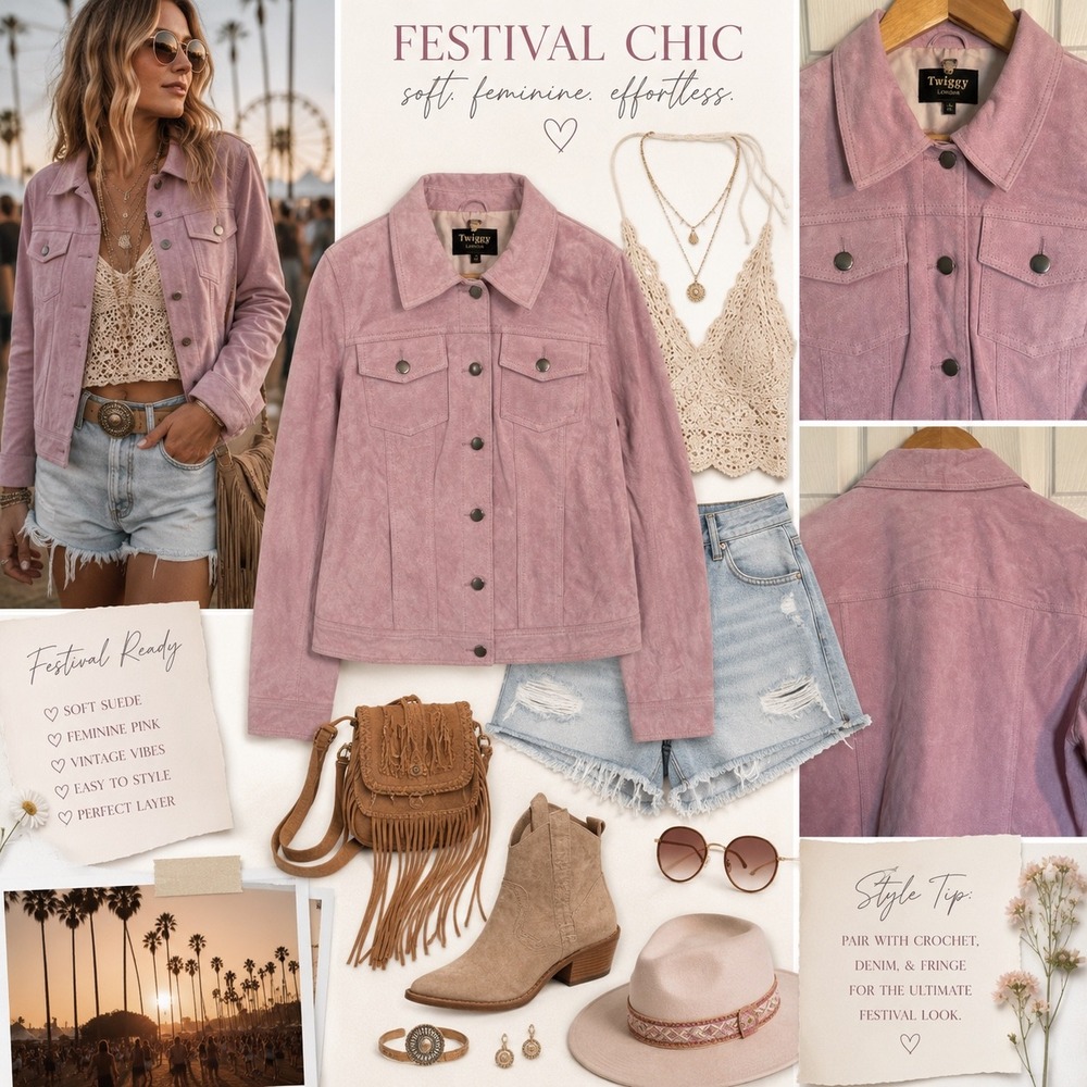 Twiggy London Womens Rose Pink Boho Festival Suede Leather Trucker Jacket Medium
